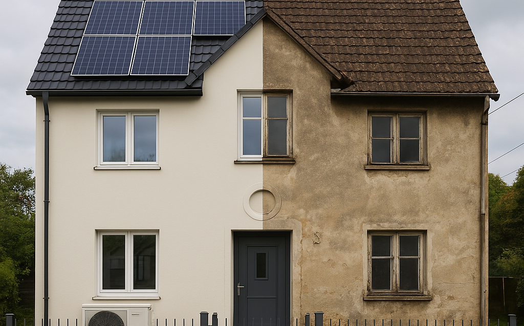 Energieberater in der Nähe Saniertes Haus mit Wärmepumpe und PV Anlage nach der Energieberatung